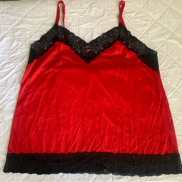 Satin Red and Black Lace Trim Camisole Sz 3X Sexy Pop of Red Y2K - Picture 2 of 8
